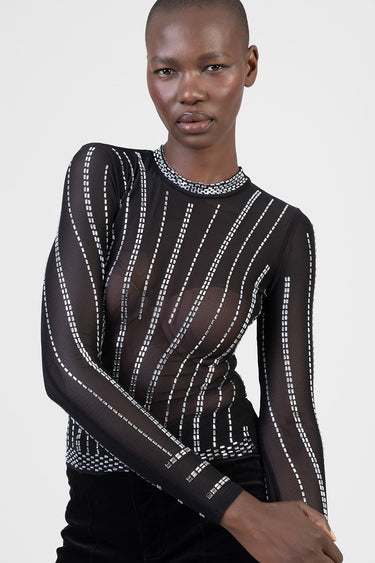 black sheer long sleeve top with vertical silver dotted stripes and a beaded neckline