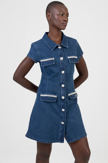 blue denim short sleeve dress with pearl trim pockets and front button closure