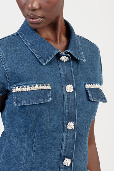 blue denim dress with jeweled front buttons and rhinestone trimmed pockets by Blue Jean Traders