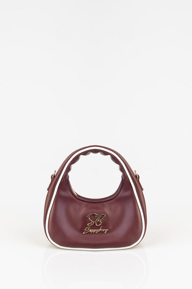 Blue Jean Traders burgundy mini bag with white piping and a gold logo on the front, curved top handle.