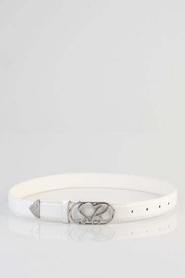 white belt with a silver intertwined heart buckle and stitched edges