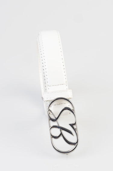 white belt with a decorative silver buckle and stitched edges