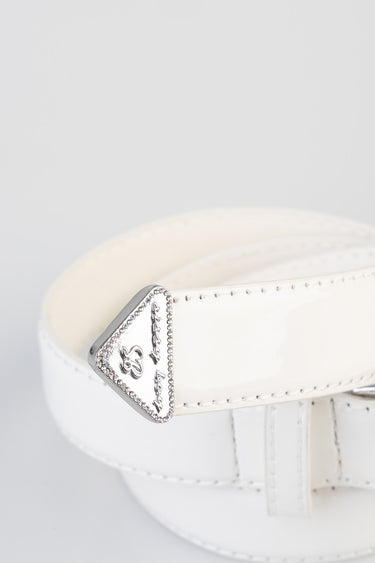 white patent belt with a silver triangular tip outlined in small crystals and engraved lettering