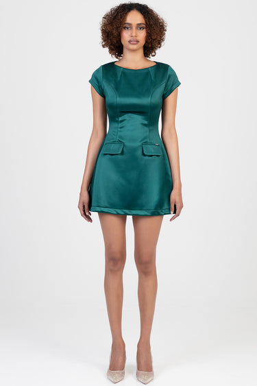 teal satin mini dress with short sleeves and front pocket flaps on a model