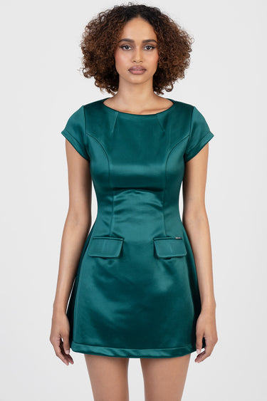 teal satin mini dress with short sleeves, fitted bodice, seam lines, and two front pocket flaps.