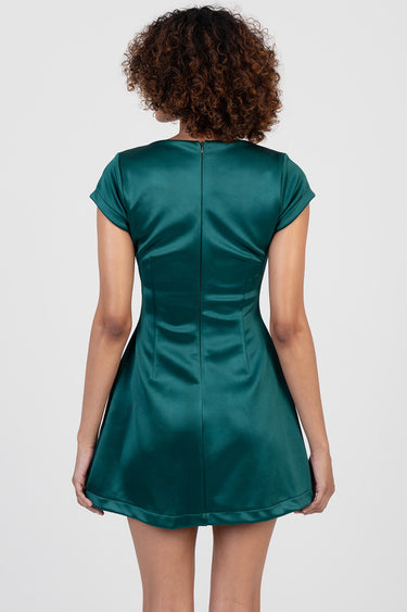 back view of teal satin mini dress with short sleeves, center seam, and flared skirt