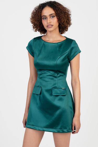 teal satin mini dress with short sleeves and front flap pockets on a model