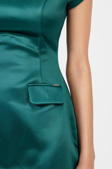 teal satin dress close up of a side pocket with flap