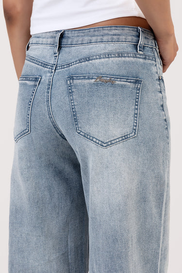 back view of light wash wide leg jeans with two back pockets and gold logo stitching on the right pocket