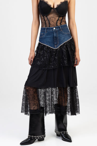 Blue Jean Traders denim waist skirt with a V shaped lace panel and black lace tiered overlay, styled with black boots.