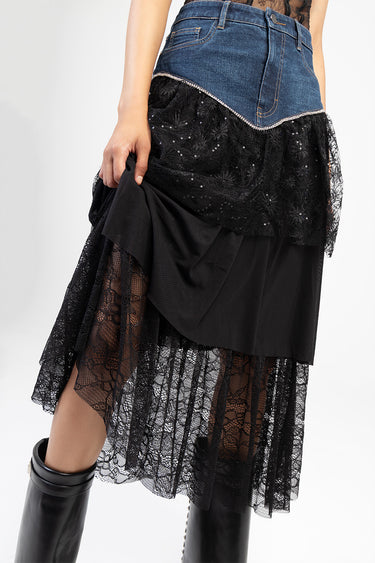 blue denim skirt with black lace overlay and sequined details, layered with sheer lace hem, knee high boots included