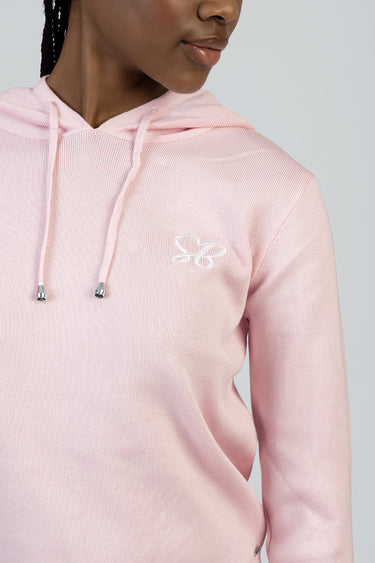 pink knit hoodie sweater with a drawstring hood and white embroidered logo on the chest