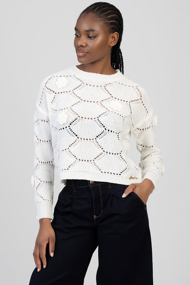 blue jean traders white knit sweater with openwork hex pattern and floral appliques