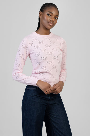 woman wearing a light pink knit top with a delicate butterfly lace pattern and long sleeves