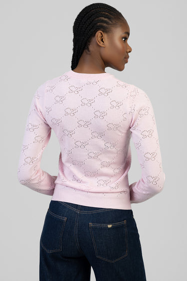 light pink knit top with a delicate eyelet pattern, long sleeves, ribbed cuffs and hem, back view on a model