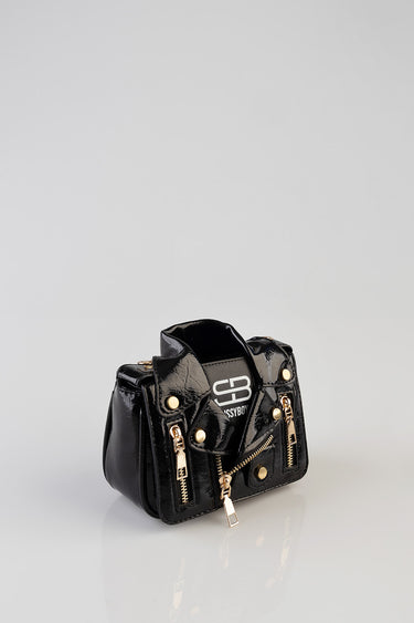 black patent mini bag with gold hardware and multiple zippers by Blue Jean Traders