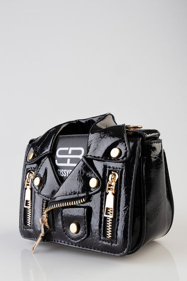 black patent leather bag with gold zippers and rivets, compact satchel by Blue Jean Traders