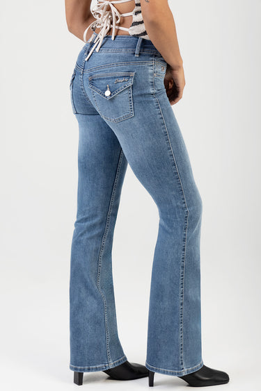 Back view of blue denim jeans by Blue Jean Traders with a branded pocket logo and faded seams.