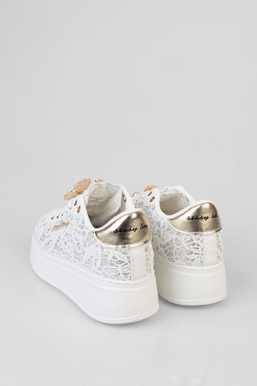 white lace sneakers with gold metallic heel panel and thick white sole, blue jean traders brand