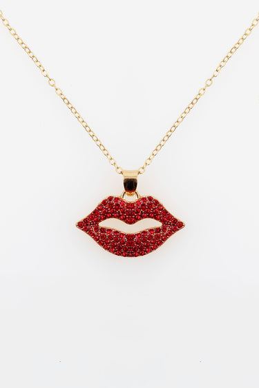 gold chain necklace with a red rhinestone lips pendant
