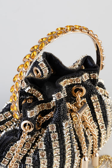Blue Jean Traders black embellished mini bag with crystal trims, gold chain accents and a yellow gemstone ring handle