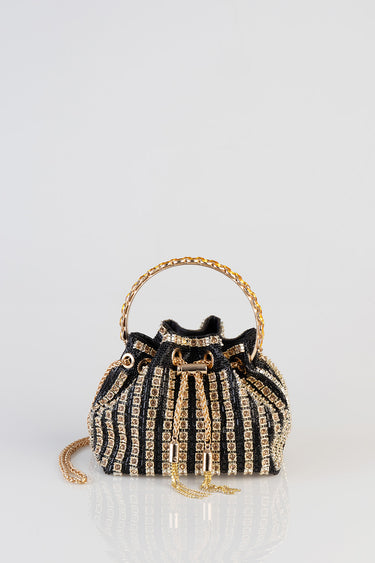 black and gold beaded mini bag with rhinestone embellishments gold chain handle and tassel drawstring