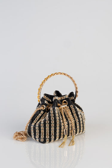 black striped beaded mini bag with crystal accents, gold chain handle and tassels by Blue Jean Traders