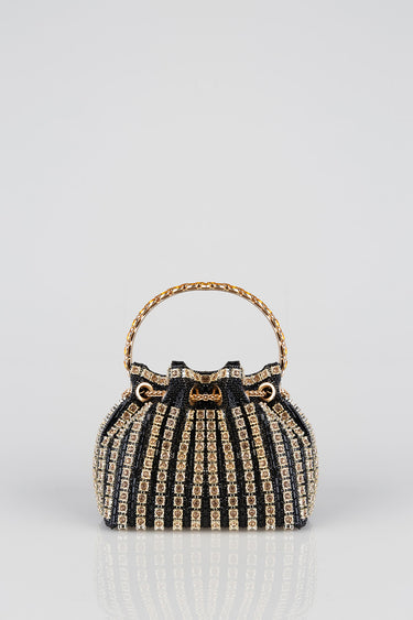 Blue Jean Traders mini bag with a black beaded body, gold chain handle, and rhinestone accents.