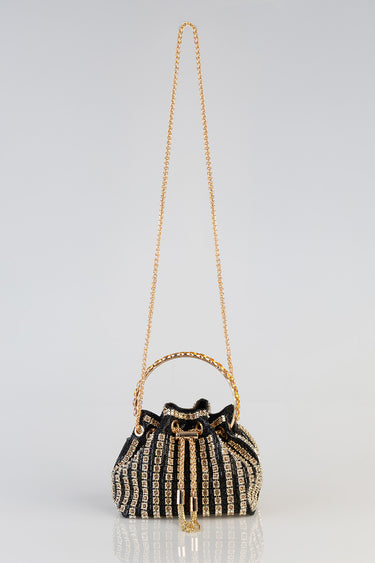 black beaded mini bag with a gold chain strap and diamond like crystal detailing