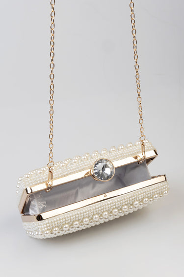 Blue Jean Traders clutch bag with pearl beaded exterior gold frame crystal round clasp chain strap gray satin interior