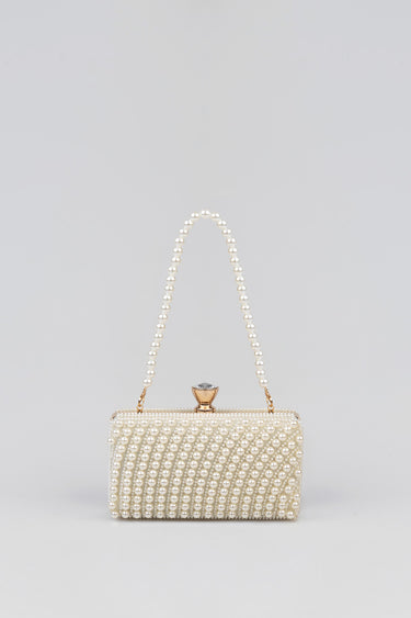 pearl beaded rectangular clutch with single pearl handle and gold clasp