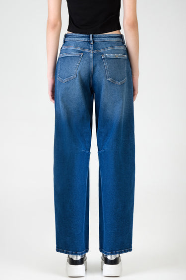 Blue Jean Traders blue balloon leg jeans back view with two back pockets and wide legs.