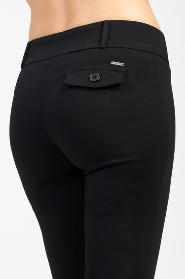 black trousers with back pocket flap and a small metal brand plaque on the waistband by blue jean traders
