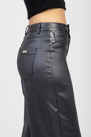 side view of shiny dark gray wide leg pants with belt loops and back pocket Blue Jean Traders