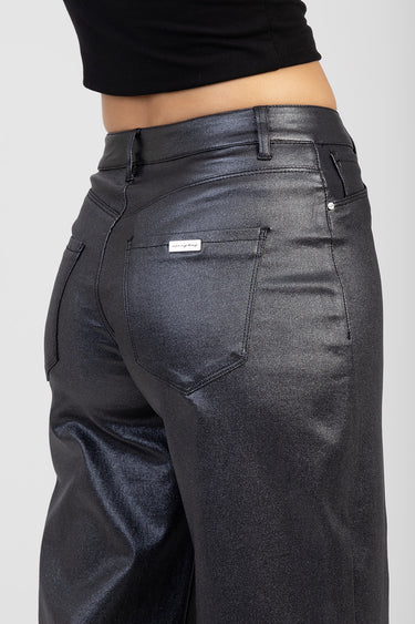 back view of dark metallic wide leg pants with belt loops and patch pockets by blue jean traders