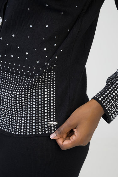 black knit cardigan adorned with silver rhinestones across front and sleeves; small metal brand tag at hem