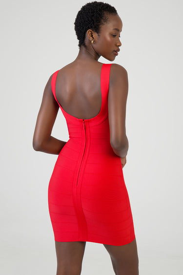 back view of a bright red bodycon mini dress with wide shoulder straps and a center back zipper, Blue Jean Traders