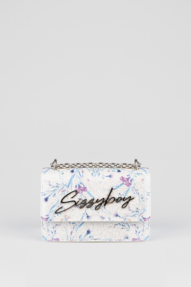 white pebbled mini bag with blue and purple floral print, silver chain strap and a script logo on the front
