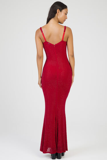 back view of a red maxi dress with small square cutouts, adjustable straps, fitted silhouette and flared hem with back zipper