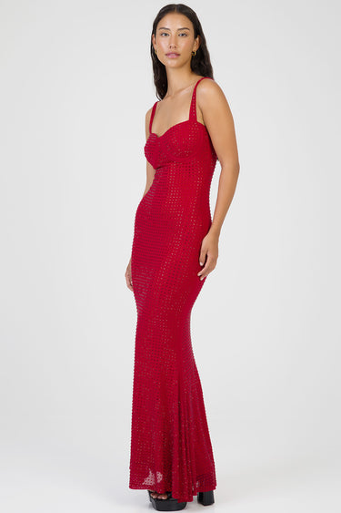 red maxi dress with studded mesh overlay, thin straps, sweetheart neckline, fitted to hips and flares at hem
