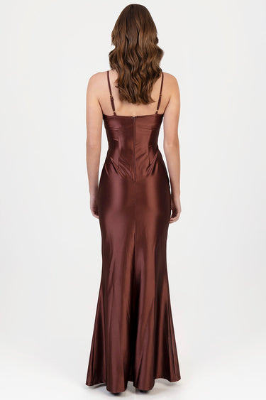 blue jean traders satin maxi dress viewed from behind with thin straps and a centre back zipper