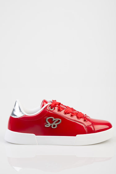 red patent sneakers by Blue Jean Traders with white sole and silver heel tab