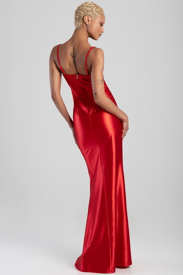 model wearing red satin maxi dress with thin straps and back zipper, full length floor grazing