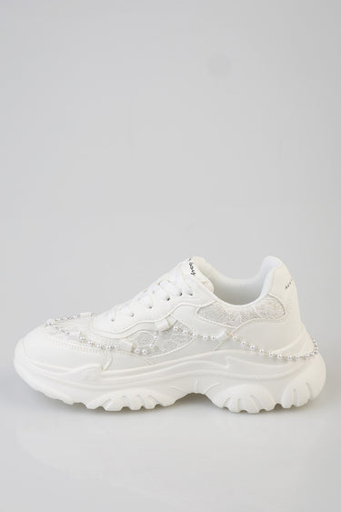 white chunky sneakers with pearl beaded chain and lace panel details