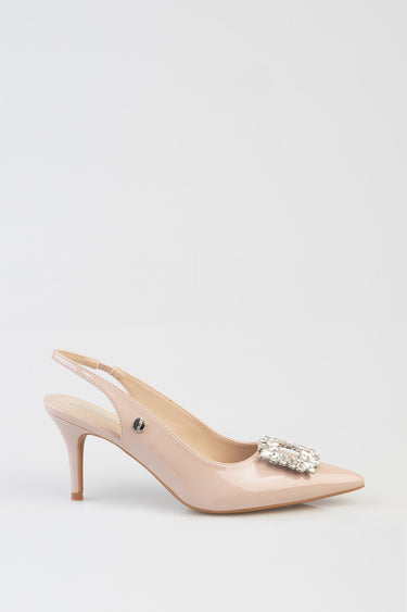 nude patent slingback high heel with crystal buckle detail
