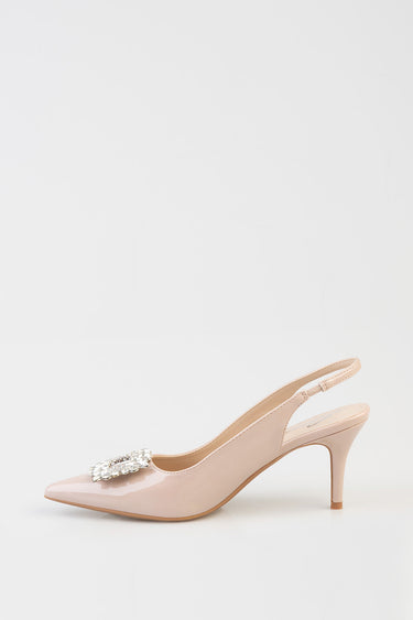 pink patent slingback heel with crystal buckle ornament, by Blue Jean Traders