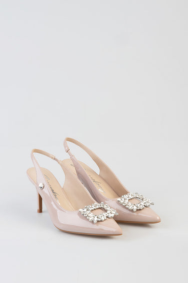 pale pink patent slingback heels with sparkling crystal square buckles on the toe
