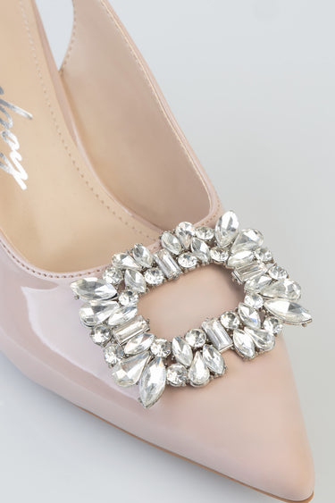 pink patent high heel with a large crystal jeweled buckle on the toe