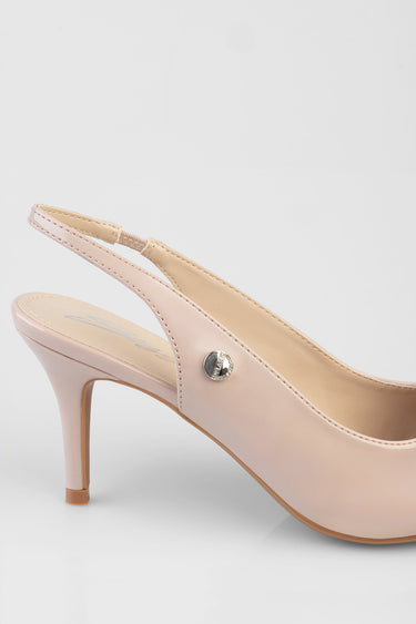 pink slingback high heel with a slim ankle strap and silver button detail.