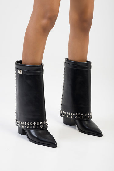 black knee high boots with silver studded trim around the shaft and ankle, pointed toe and low block heel